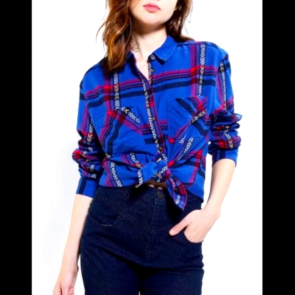Urban Outfitters Plaid Aztec Stripe Flannel Shirt – Size Medium – Royal … - Picture 6 of 6